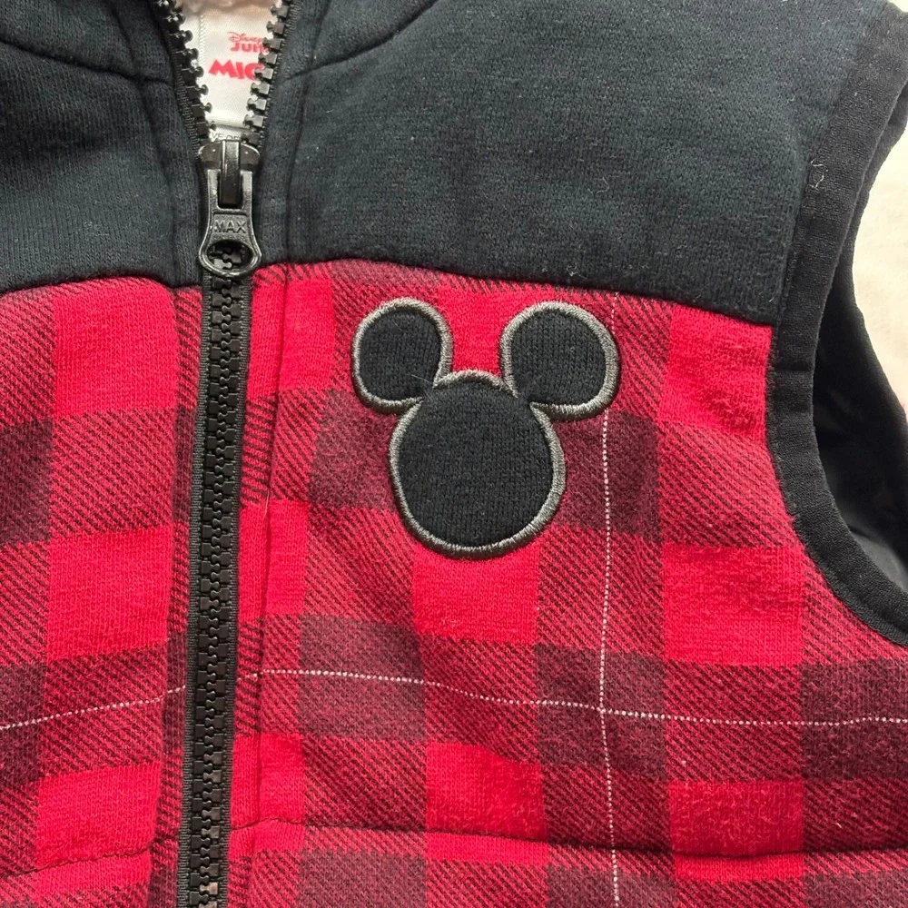 Disney Mickey Mouse Toddler 3T Vest‎ Red Plaid Hooded Sherpa Lined Cozy Playful